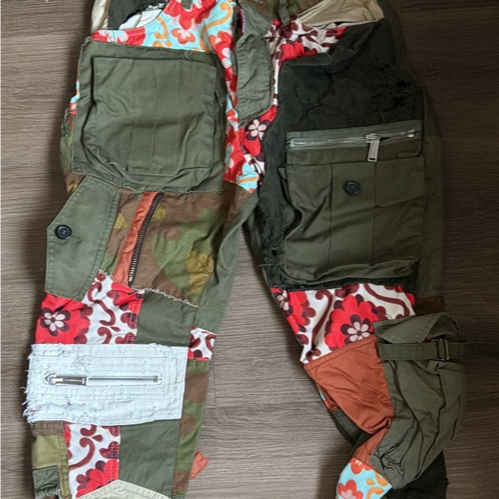 DSQUARED2 Patchwork Cargo Pants in Olive Green, Red Floral & Tan Accents